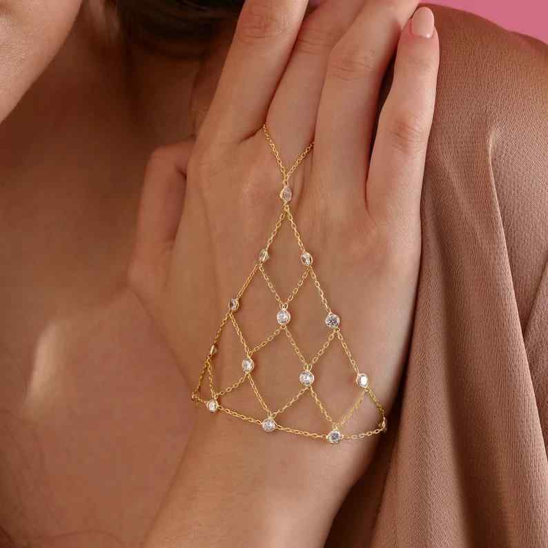 ブレスレット レディース フィンガータイプ リング 腕輪 指輪 ラインストーン ビジュー メッシュ 網状 レトロ ヴィンテージ風風 エレガント 繊細 幾何学模様 トライアングル 三角形 電気メッキ加工 合金 手元 通勤 パーティー 春夏 シルバー ゴールド