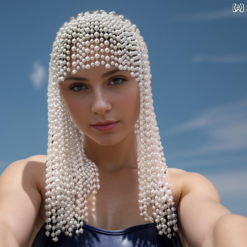 フロントップ楽天市場店のヘアアクセサリー レディース ヘッドドレス 髪飾り ロング タッセル チェーン フリンジ フェイクパール シルバー 電気メッキ加工 パーティー 結婚式 二次会 インスタ映え おしゃれ かわいい 上品 高級感 春夏｜アングル2