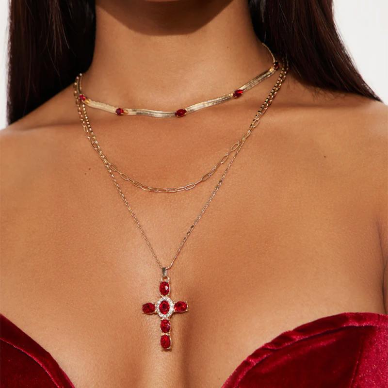 ネックレス メンズ レディース 十字架 クロス 多層 鎖骨チェーン チョーカー ペンダント レッド ジルコ..