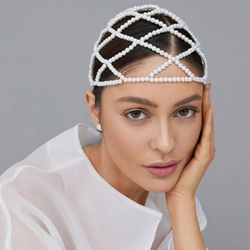 ヘアチェーン レディース パール パール アクセサリー ヘッドドレス 髪飾り ネット状 電気メッキ加工 シルバー 個性的 ファッション小物 かわいい エレガント 高級感 結婚式 パーティー 演奏会 華やか フェミニン 欧米風