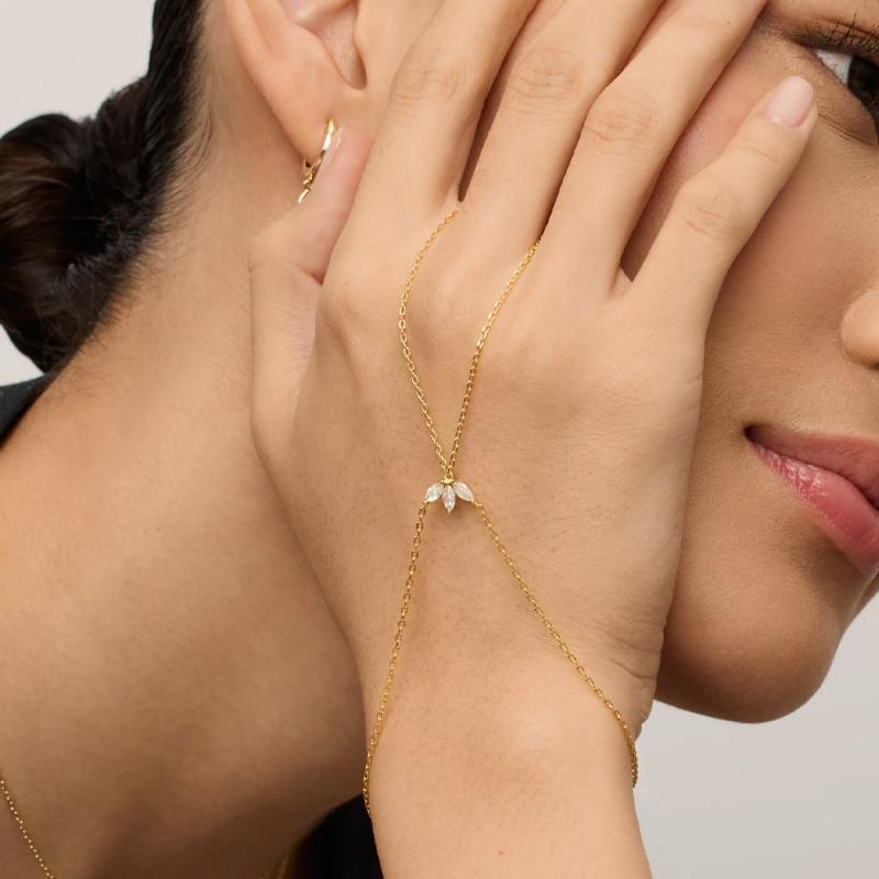 ブレスレット メンズ レディース フィンガー リング ハンドチェーン 蓮 ロータス 花 フラワー ジルコニ..