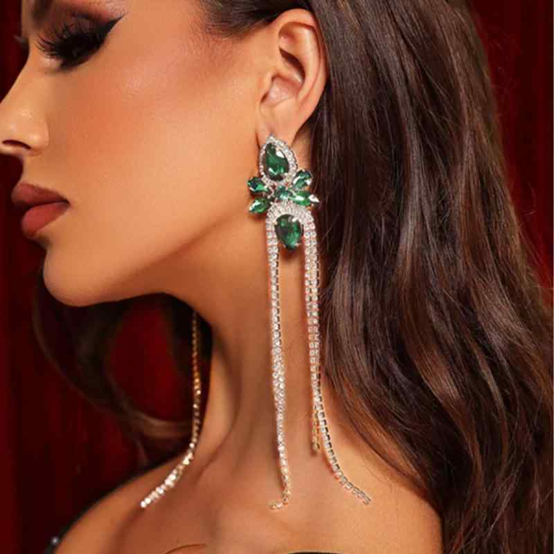 Hawaiian Jewelry - ピアス レディース 揺れる タッセル ラインストーン 幾何学模様 サークル ロング キラキラ ジルコニア 電気メッキ加工 ゴールド シルバー グリーン パーティー 結婚式 二次会 おしゃれ 上品 華やか 高級感 春夏