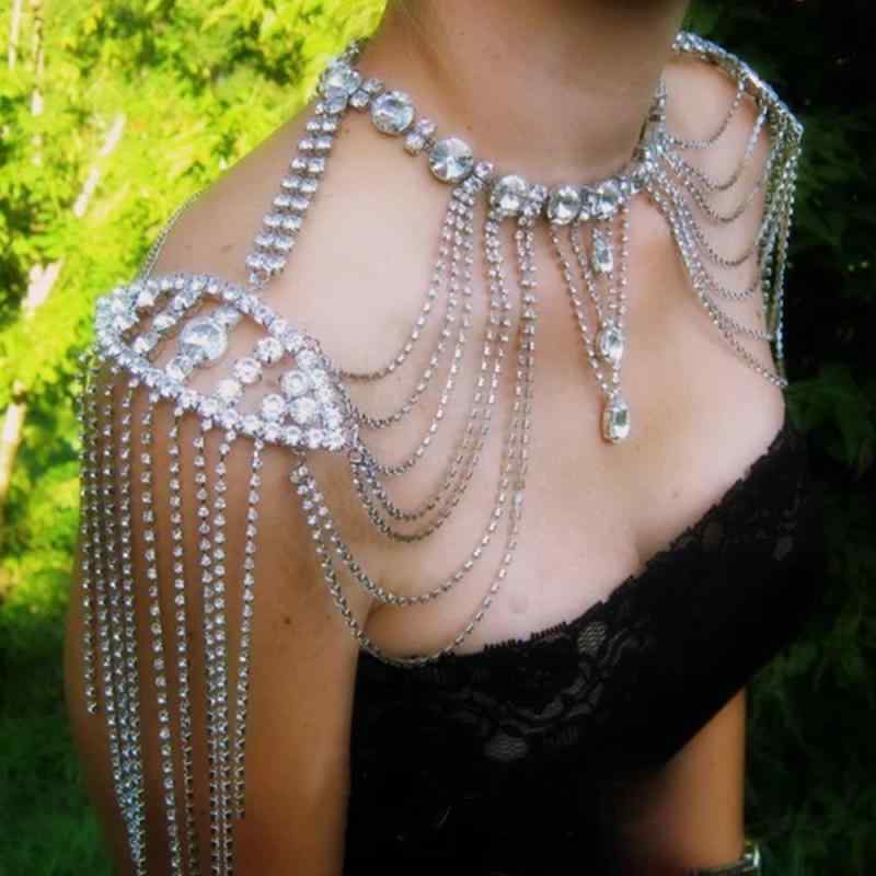 ボディチェーン レディース ショルダーアクセサリー ラインストーン フリンジ 欧米風 電気メッキ加工 シルバー ゴールド 舞台用 ステージ衣装 ダンス 個性的 華やか ゴージャス 合金 キラキラ パーティー ビジュー 肩飾り