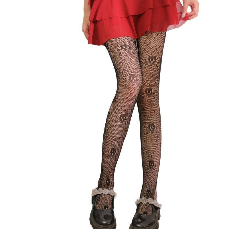 網タイツ レディース ハロウィン 骸骨 ドクロ スカル ジャガード柄 フィッシュネット セクシー パンティストッキング ストッキング ソックス ブラック 黒 透け感 シアー 薄手 ポリエステル 伸縮性 秋冬 コスプレ 仮装