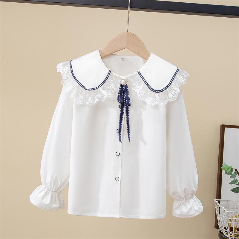 シャツ 女の子 キッズ ブラウス トップス 長袖 春秋 子供服 綿 コットン 白 丸襟 前開き 無地 シンプル ナチュラル カジュアル フォーマル 通園 普段使い お出かけ かわいい 柔らかい 清楚 上品 ベーシック 吸湿