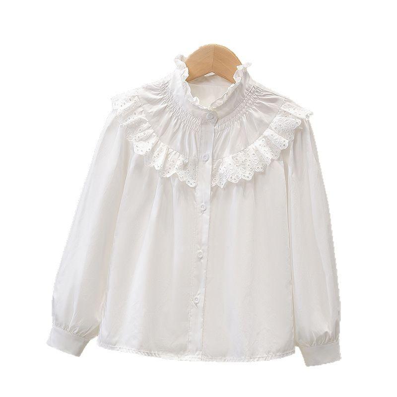 Rakuten - シャツ ブラウス 女の子 キッズ ジュニア トップス 長袖 白 ホワイト 春秋 スタンドカラー フリル レース 無地 韓国 柔らかい 綿 コットン 小学生 カジュアル お出かけ 通学 フォーマル 上品 かわいい