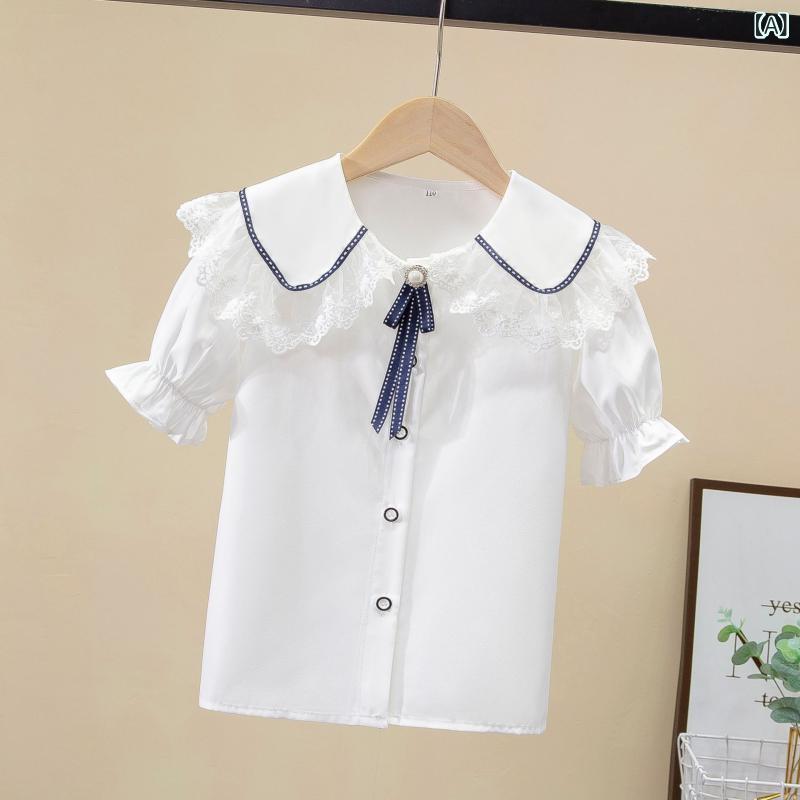 Rakuten - シャツ ブラウス 女の子 キッズ ジュニア 子供服 半袖 レース フリル 丸襟 ドールカラー 白 無地 春夏 通学 発表会 フォーマル プリンセス かわいい トップス 柔らかい ポリエステル 着回し シンプル