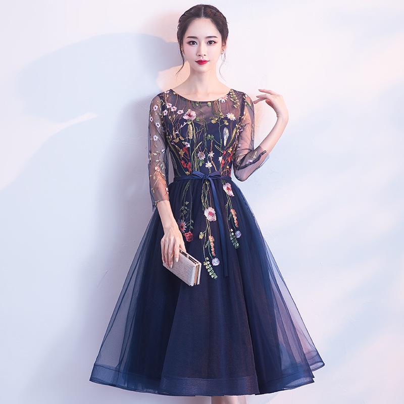 ドレス レディース 結婚式 二次会 披露宴 ワンピース 礼服 フォーマル カクテル イブニング Aライン ハイウエスト 七分袖 ひざ丈 ミモレ ロング フレア エレガント 上品 高級感 清楚 フェミニン 大人 体型カバー ポリエステル 綿 春夏 ネイビー