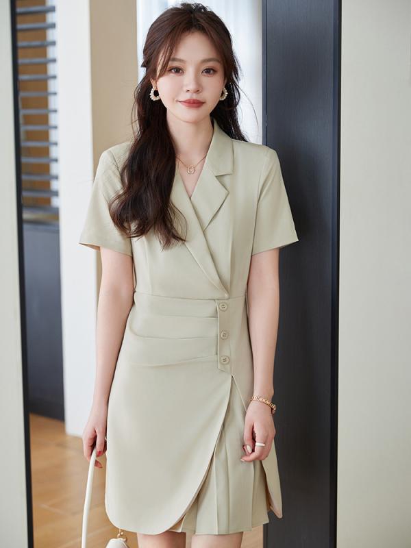 ワンピース レディース 春夏 半袖 テーラードカラー ウエストマーク Aライン 膝丈 ミディアム アシンメトリー 無地 ポリエステル 形態安定 通勤 オフィス 上品 高級感 きれいめ ブラック ベージュ ブルー ドレス