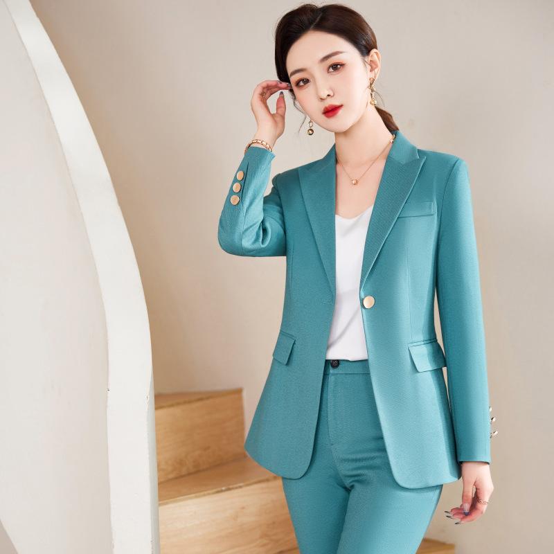 樂天商城 - セットアップ レディース パンツスーツ 事務服 オフィス ビジネス テーラードジャケット スラックス スリム 無地 1つボタン 形態安定 ポリエステル 高級感 通勤 接客 営業 秋冬 レイクブルー ブラック カーキ