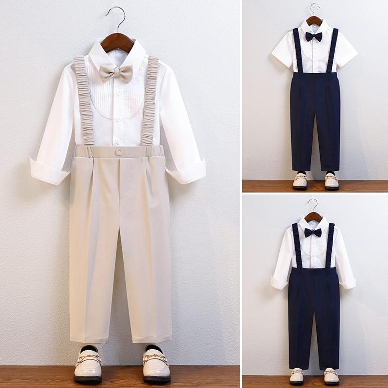 スーツ キッズ 男の子 セットアップ サスペンダーパンツ フォーマル 礼服 発表会 演奏会 結婚式 ボーイズ ジュニア 英国風 おしゃれ かわいい ネイビー カーキ 春夏 高級感 シャツ 長ズボン 無地 襟 冠婚葬祭
