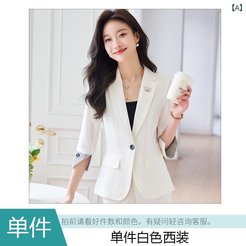 スーツ レディース セットアップ テーラードジャケット 七分袖 クロップドパンツ 九分丈 春秋 ビジネス 通勤 接客 高級感 スリム フォーマル 上下セット ストレッチ 伸縮性 ポリエステル 白 緑 アプリコット