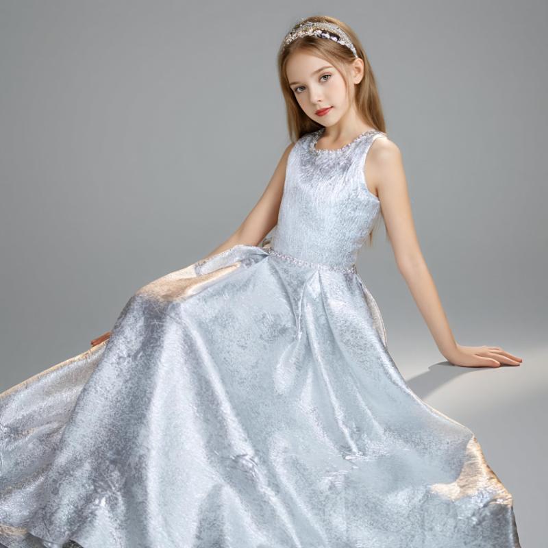 ロングドレス 女の子 子供 キッズ フォーマル ノースリーブ サテン シルバー 発表...