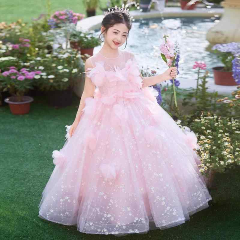 ドレス キッズ 女の子 子供 発表会 結婚式 演奏会 ピアノ 100-160cm ピンク かわいい 高級感 プリンセス レース チュール リボン ワンピース ジュニア フォーマル ポリエステル フレア サテン 春夏