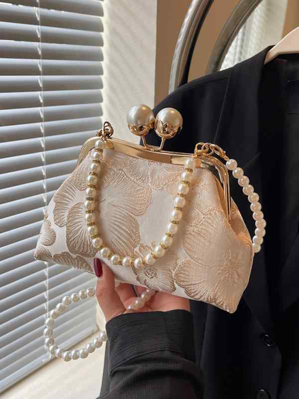 ハンドバッグ レディース ショルダーバッグ パーティーバッグ 手提げ 斜め掛け 2WAY チャイナドレス風 中華風 刺繍 エスニック レトロ パール がま口 普段使い 結婚式 春夏 布製 アイボリー ブルー ライトブルー