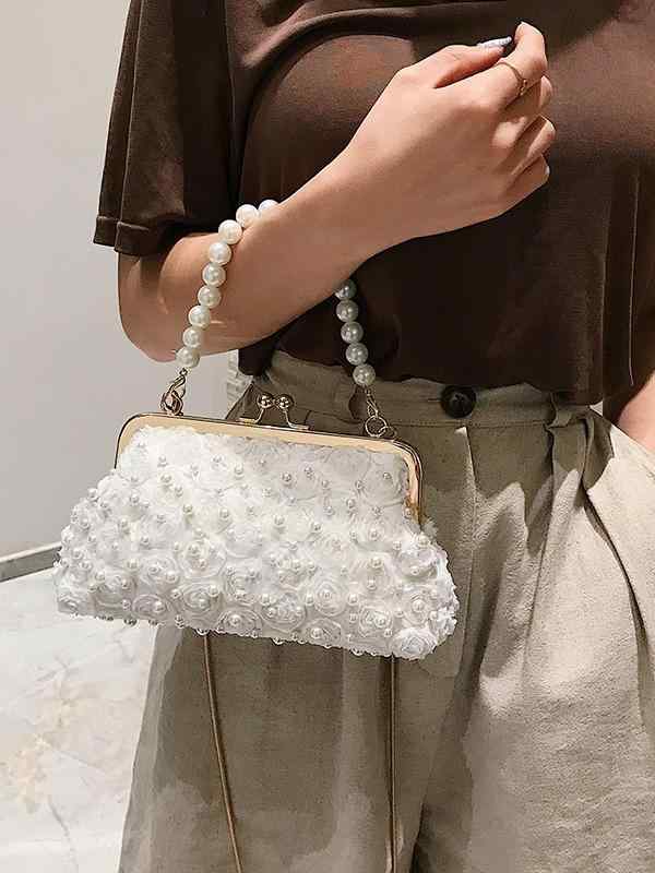Party Bags - ハンドバッグ レディース パール パール ビーズ スタッズ チェーン 斜めがけ 肩掛け 鞄 韓国 小さめ ポシェット ホワイト 白 ポリエステル レース フラワー シェル スクエア型 秋冬 通勤 通学 お出かけ 上品 かわいい