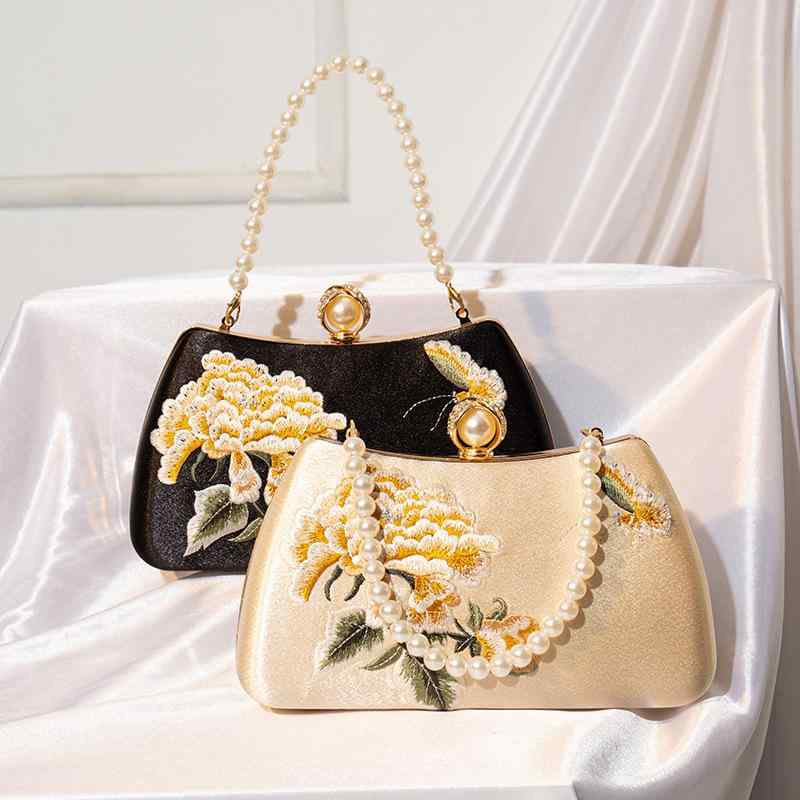 ハンドバッグ レディース 鞄 カバン 手提げ 刺繍 花柄 チャイナドレス パーティー 結婚式 披露宴 お呼ばれ 洋装用 クラッチ 三日月型 高級感 華やか シノワズリ 中華風 和装 着物 浴衣 フォーマル シャンパン ブラック ポリエステル 春夏 かわい