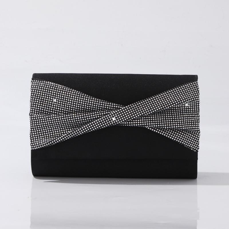 パーティーバッグ レディース クラッチ ショルダー 手提げ 斜めがけ ミニ 小さめ 鞄 黒 ブラック ラインストーン リボン チェーン プリーツ ポリエステル フラップ 横型 スクエア 高級感 華やか 結婚式 披露宴 お呼ばれ