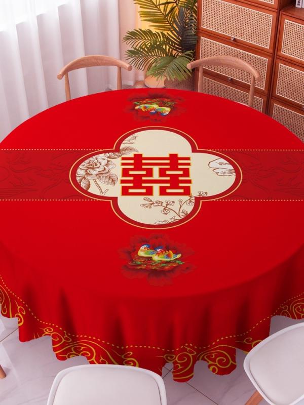 テーブルクロス おしゃれ 円形 中華風 赤 ゴールド 龍 鳳凰 プリント 布 サテン 防水 撥水 食卓カバー ..