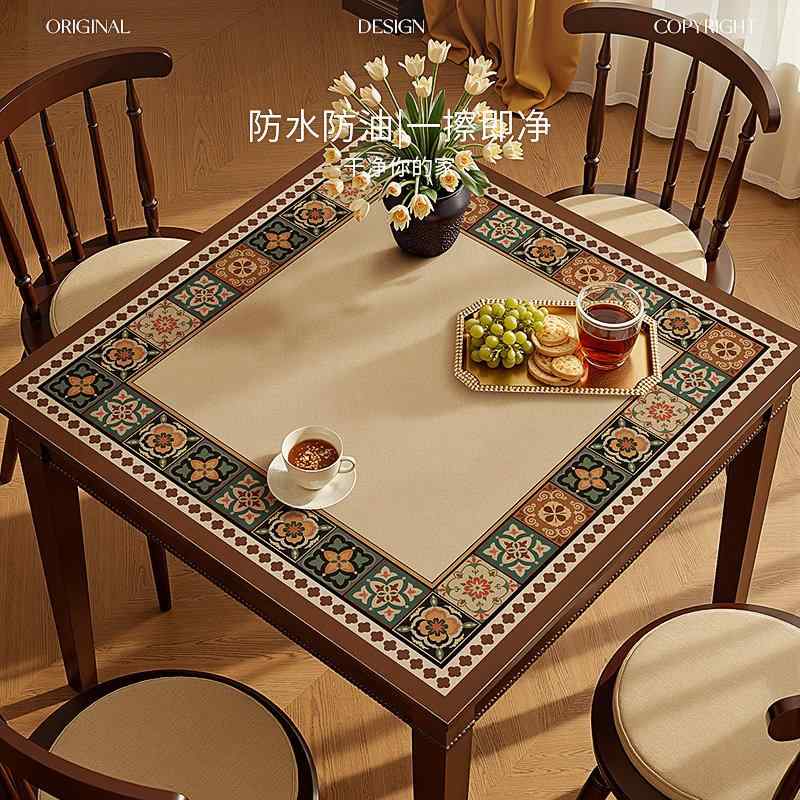 テーブルクロス おしゃれ PVC レザー エスニック タイル柄 正方形 防水 防油 耐熱 お手入れ簡単 傷防止 柔らかい 洗える 食卓マット ダイニング リビング 普段使い デコレーション レトロ アメリカン カントリー