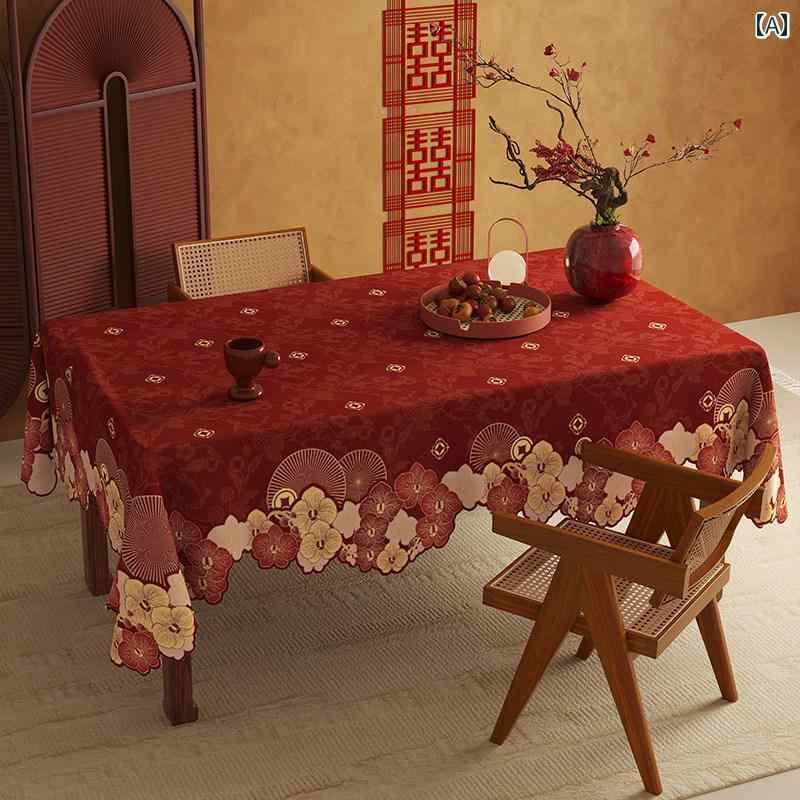 テーブルクロス おしゃれ 布 PU 赤 中華風 喜文字 花 縁起柄 プリント 防水 防油 防塵 食卓カバー 長方形 ダイニング リビング 結婚式 披露宴 婚約 慶事 お祝い イベント パーティー デコレーション 華やか