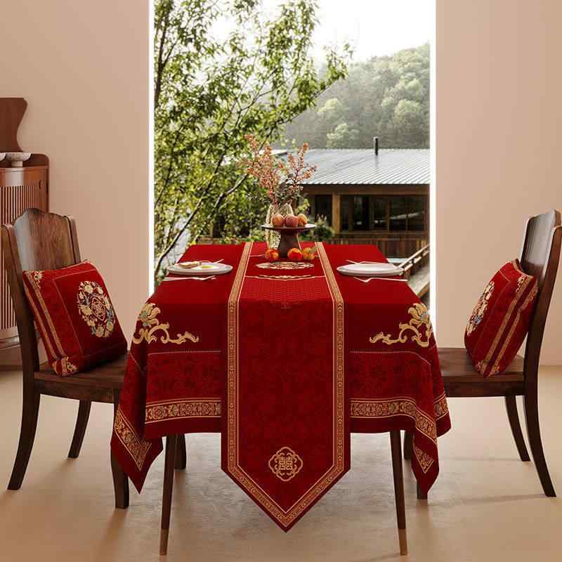 テーブルクロス おしゃれ 布 シェニール 赤 中華風 喜文字 花 鳳凰 縁起物柄 防水 防油 防塵 食卓カバー ランナー ダイニング リビング 結婚式 披露宴 婚約 慶事 お祝い イベント パーティー デコレーション 華やか