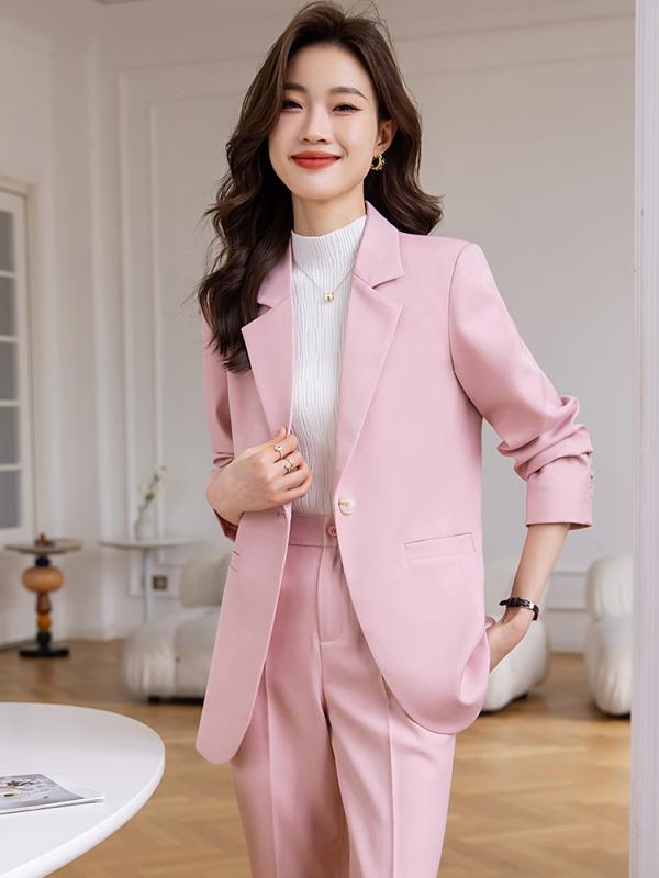 セットアップ レディース テーラードジャケット ロングパンツ 上下 秋冬 ピンク ブラック ホワイト 高級感 大きいサイズ ゆったり オフィスカジュアル 通勤 フォーマル ポリエステル 伸縮性 襟 長袖 無地 エレガント きれいめ ブレザー ボトムス