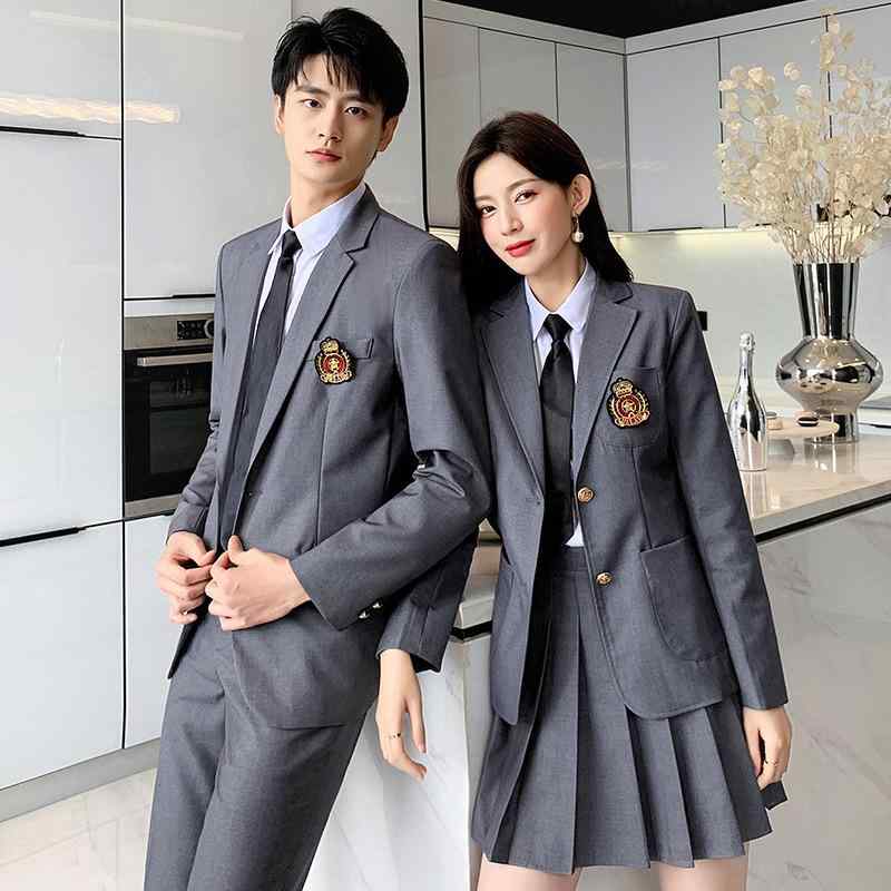 セットアップ メンズ レディース スーツ テーラードジャケット ブレザー スラックス プリーツスカート 制服 保育士 幼稚園 先生 スクール風 秋冬 上品 きれいめ 韓国ファッション 大きいサイズ 綿混素材 伸縮性 グレー ブルー