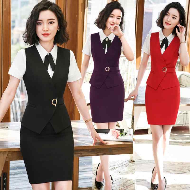 乐天商城 - セットアップ レディース 事務服 制服 ベスト ジレ スカート タイトスカート 膝丈 ビジネススーツ ユニフォーム 接客 受付 オフィス ブラック レッド パープル 高級感 上品 綿混紡 ストレッチ 伸縮性 通勤 春秋