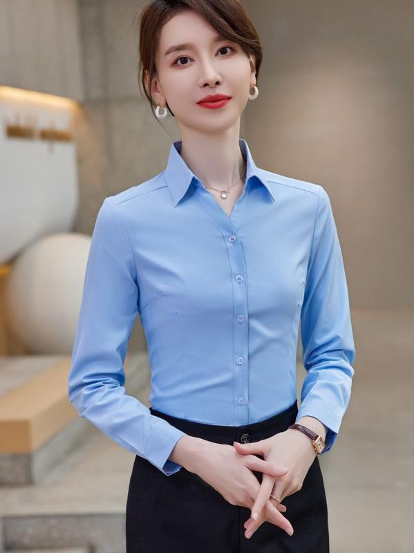 シャツ レディース ブラウス トップス 長袖 事務服 制服 通勤 秋冬 きれいめ スリム タイト 美シルエット 切り替え 襟 ボタン 前開き ポリエステル 白 ライトブルー ロイヤルブルー 清楚 フォーマル ビジネス 無地 ベーシック