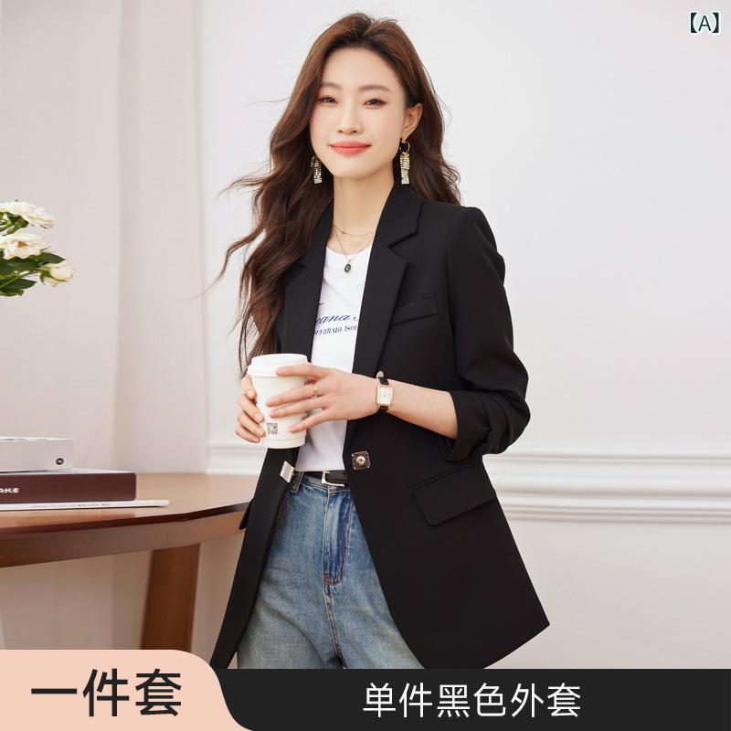 フロントップ楽天市場店のテーラードジャケット レディース ブレザー アウター 上着 羽織り 通勤 オフィス 普段使い 高級感 きれいめ 上品 カジュアル ゆったり ビッグシルエット 無地 1つボタン シングルボタン 切り替え ポリエステル 秋冬 ブラック イエロー ブ｜アングル2