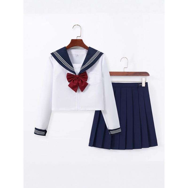 セーラー服 レディース セットアップ 女子高生 紺 ネイビー ホワイト 三本ライン プリーツスカート 登校 普段使い コスプレ 春夏 綿混 ポリエステル 本格的 中学 膝丈 スクールウェア 清楚 襟 半袖