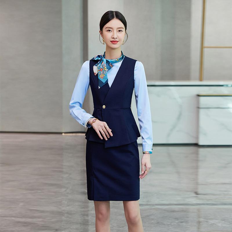 セットアップ レディース 事務服 ユニフォーム オフィスウェア ベスト チョッキ ジレ ブラウス スカート 通勤 接客 営業 春夏 ポリエステル Vネック 着痩せ 細見え 30代 グレー ネイビー 清楚 膝丈 高級感 洗える ビジネス