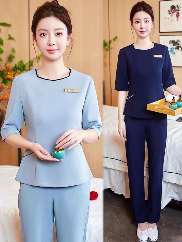 セットアップ レディース エステティシャン セラピスト 美容師 ユニフォーム 制服 上下セット パンツスーツ 長袖 春秋 ストレッチ ポリ..