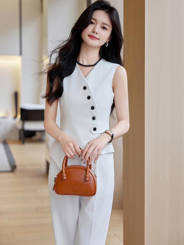 セットアップ レディース ベスト ジレ ノースリーブ 袖なし テーパードパンツ ロング丈 襟 スーツ 春夏 通勤 オフィス 普段使い きれい..
