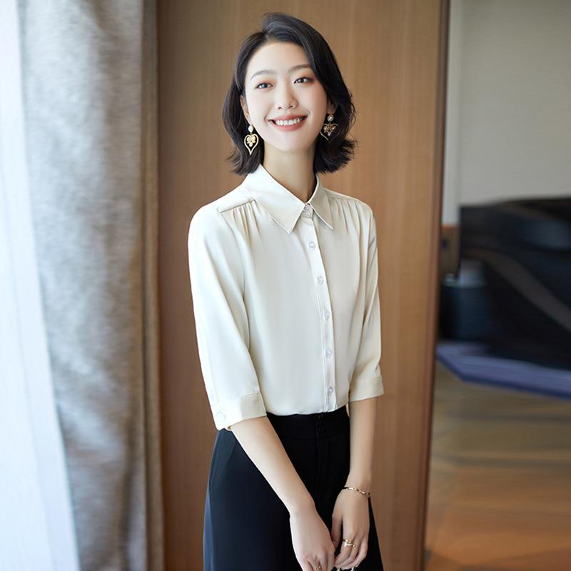 ブラウス レディース 春夏 トップス シャツ 七分袖 面接 通勤 オフィス シフォン 無地 ホワイト ブルー グリーン 襟 スリム 着痩せ 清潔感 上品 涼しい 事務服 制服