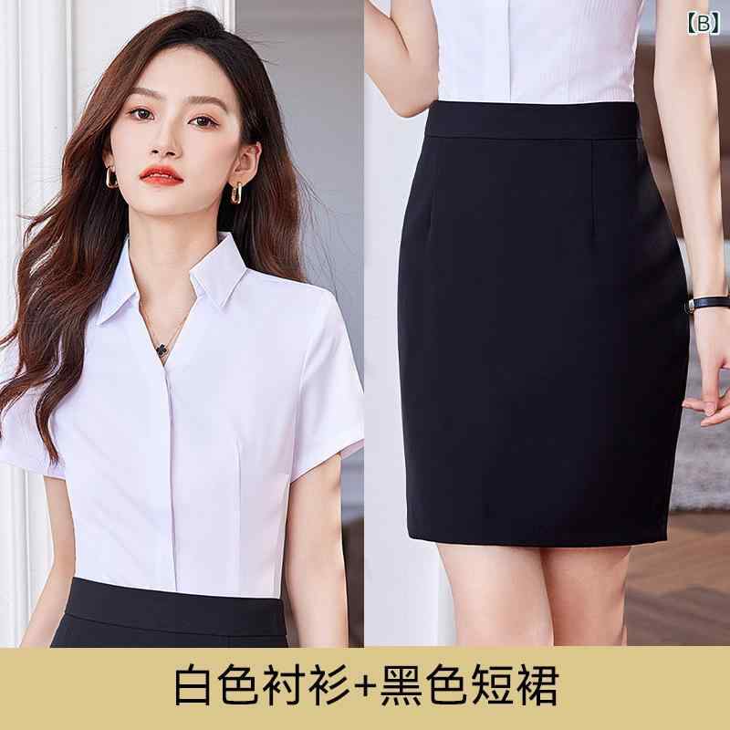 シャツ レディース セットアップ 半袖 Vネック ブラウス 事務服 オフィス 通勤 春夏 無地 高級感 切り替え ポリエステル ウール混 スラックス スカート トップス きれいめ 40代 ホワイト ブラック グレー