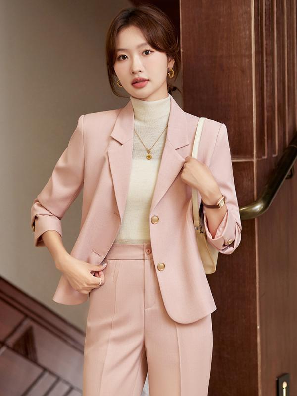 Skirt Suits - セットアップ レディース テーラードジャケット パンツスーツ 九分丈 長袖 春秋 ビジネス オフィス 通勤 カジュアル フォーマル 上品 きれいめ 高級感 小柄 ピンク ホワイト ブラック 無地 シンプル ポリエステル 軽量