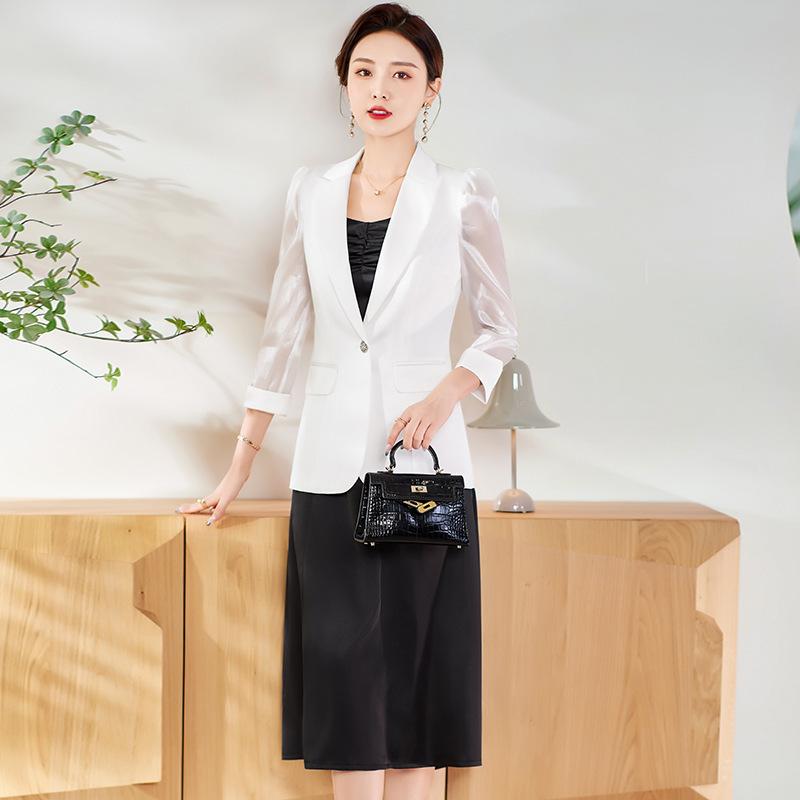 Coat - セットアップ レディース テーラードジャケット ワンピース 膝丈 七分袖 ベルスリーブ 春秋 通勤 オフィス 冠婚葬祭 フォーマル きれいめ 上品 かわいい おしゃれ 大きいサイズ 無地 ストレッチ 黒 白 ピンク 30代