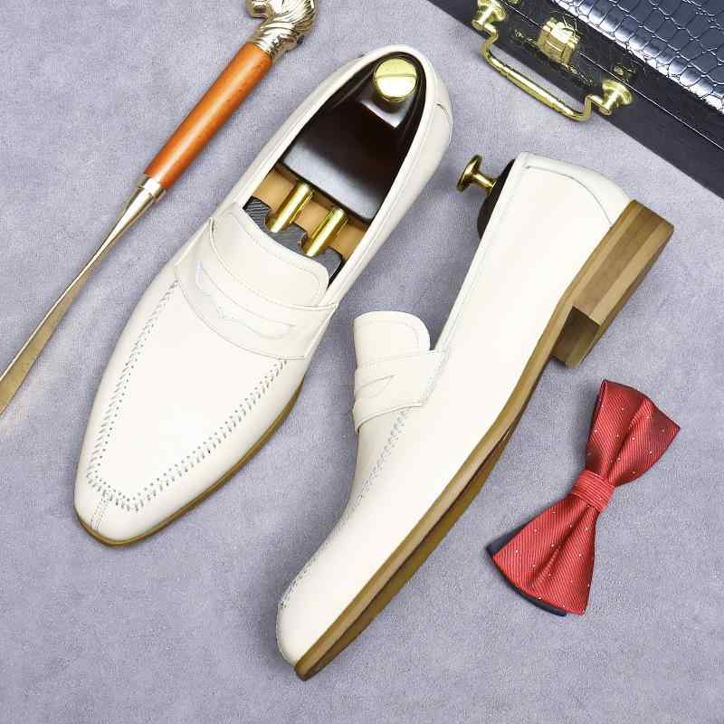 Bump Shoes - ビジネスシューズ メンズ 男性用 革靴 紳士靴 レザー 牛革 スリッポン ローファー カジュアル 冠婚葬祭 結婚式 通勤 パーティー フォーマル 英国風 ポインテッドトゥ 高級感 蒸れにくい 通気性 アイボリー ベージュ