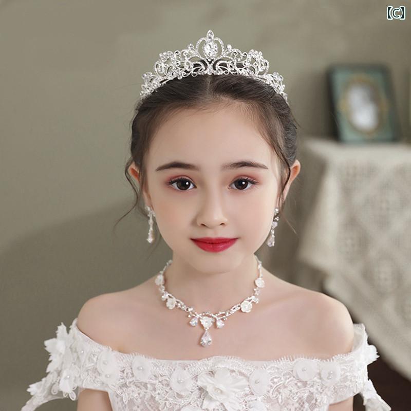 カチューシャ キッズ 女の子 子供 ヘアアクセサリー ティアラ 王冠 クラウン ネックレス イヤリング シルバー 発表会 結婚式 パーティー 電気メッキ加工 合金 ラインストーン ビジュー パール プリンセス お姫様 髪飾り かわいい 3