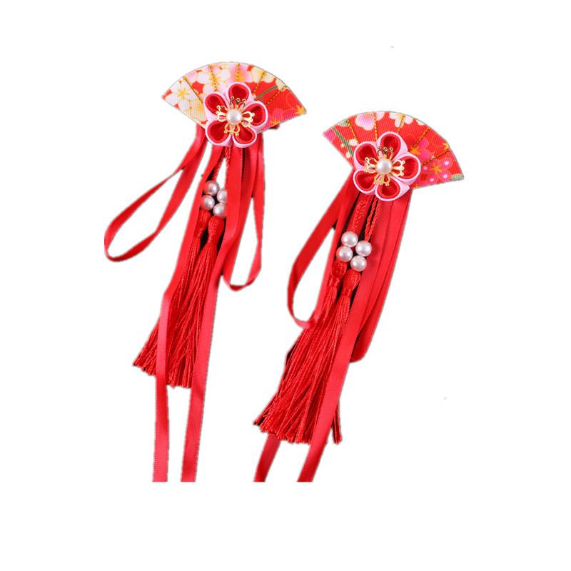 ヘアクリップ 女の子 キッズ 子供 髪飾り 扇子 タッセル 和風 和装 漢服 古風 浴衣 袴 着物 七五三 発表会 初詣 ハンドメイド 布製 刺繍 リボン プリンセス かわいい 華やか ピンク レッド ブルー
