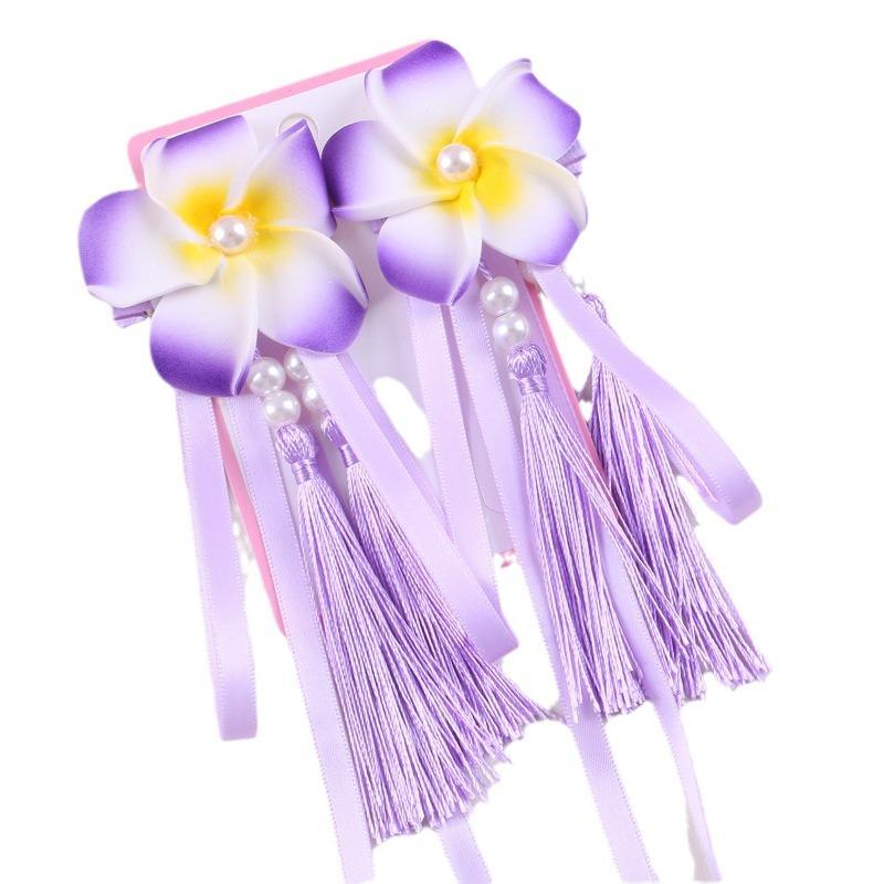 髪飾り 女の子 春夏 プルメリア 花 タッセル フリンジ 中華風 和装 浴衣 着物 七五三 発表会 イベント ハンドメイド パール クリップ 布製 小物 かわいい 上品 赤 紫 ピンク