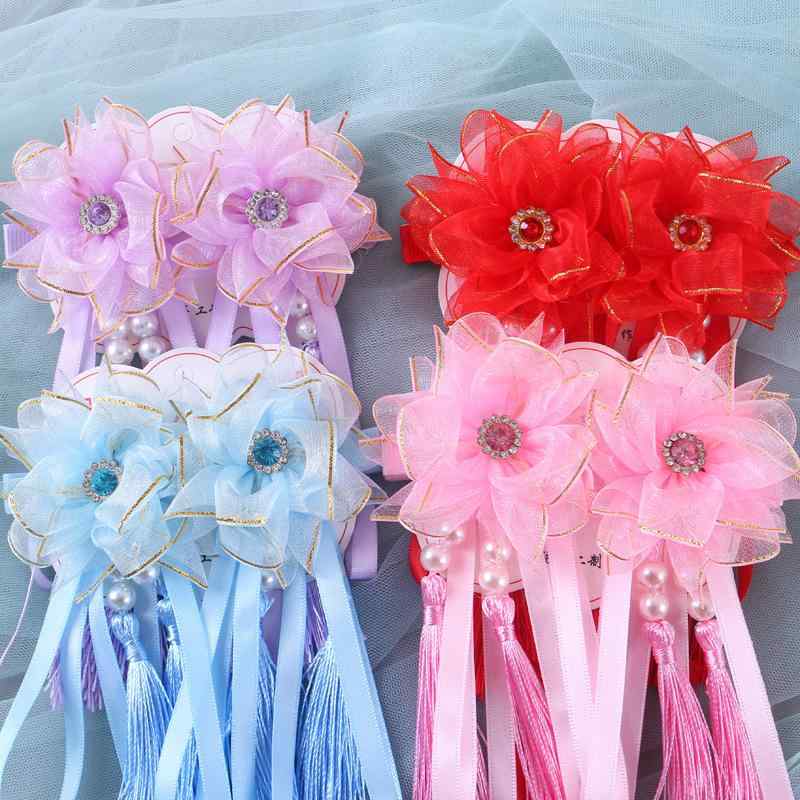 ヘアクリップ キッズ 女の子 髪飾り アクセサリー バレッタ チュール 金縁 ゴールド タッセル 揺れる リボン 花 中華風 チャイナスタイル アンティーク レトロ フェアリー かわいい 発表会 七五三 お呼ばれ 春夏 レッド スカイブルー ピンク 6-