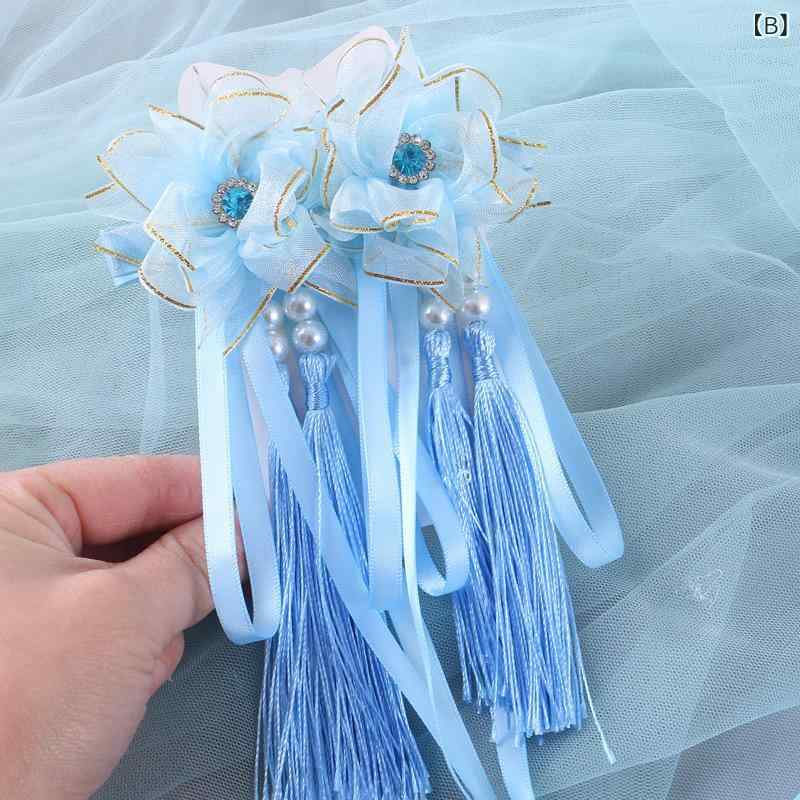 ヘアクリップ キッズ 女の子 髪飾り アクセサリー バレッタ チュール 金縁 ゴールド タッセル 揺れる リボン 花 中華風 チャイナスタイル アンティーク レトロ フェアリー かわいい 発表会 七五三 お呼ばれ 春夏 レッド スカイブルー ピンク 6- 3