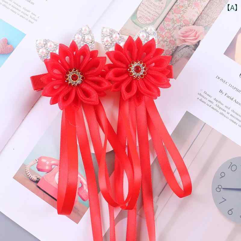 ヘアクリップ キッズ 女の子 春夏 リボン 髪飾り アクセサリー ロング チュール レース 花柄 かわいい 発表会 結婚式 七五三 ピン 浴衣 和装 紫 ピンク 青 布 子供用 揺れる ダッカール ヘッドドレス