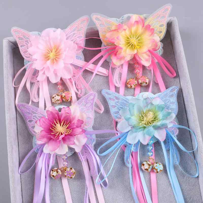 ヘアクリップ キッズ 女の子 髪飾り 蝶 ちょうちょ 花 フラワー 妖精 フェアリー プリンセス ロリータ かわいい ハンドメイド 布製 ナチュラル 発表会 結婚式 パーティー スカイブルー パープル ピンク 春