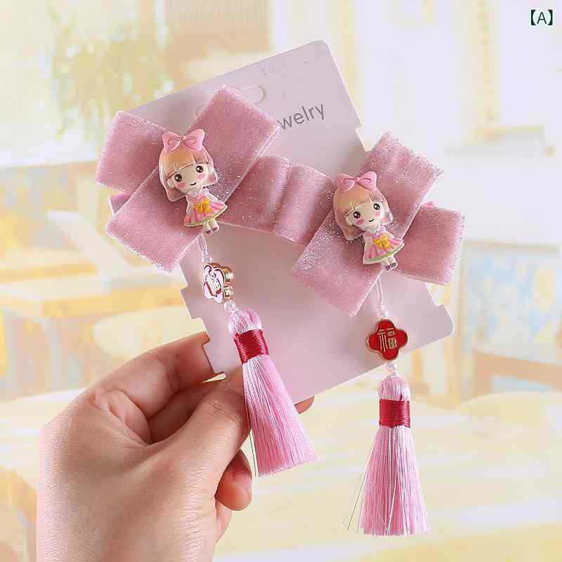 ヘアクリップ キッズ 子供 女の子 中華風 古風 髪飾り フリンジ タッセル 房飾り ベルベット調 布製 リ..