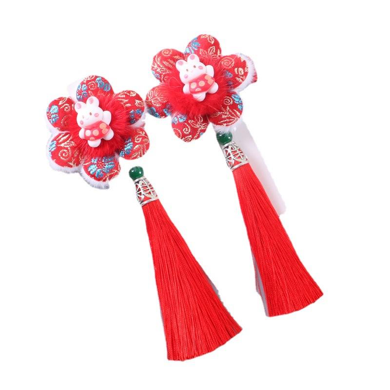 髪飾り キッズ 女の子 ヘアクリップ ヘアピン 左右 刺繍 漢服 中華風 和風 レトロ タッセル 揺れる リ..