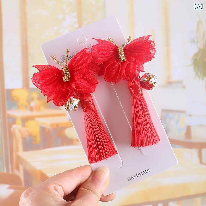 ヘアクリップ 女の子 レディース キッズ 髪飾り 漢服 中華風 和装 浴衣 蝶々 タッセル 清楚 かわいい 花 フラワー レッド パープル ブルー 七五三 卒業式 成人式 春夏 揺れる 高級感 アクリル